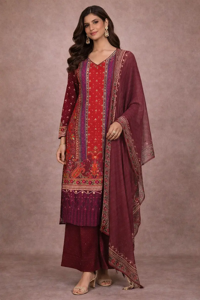 Red And Orange Floral Printed Straight Cut Salwar Suit For Girls 1
