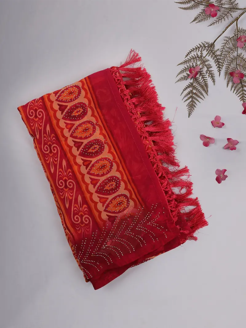 Red And Orange Geometric Printed Design Chiffon Saree With Stone Embellished Border 1