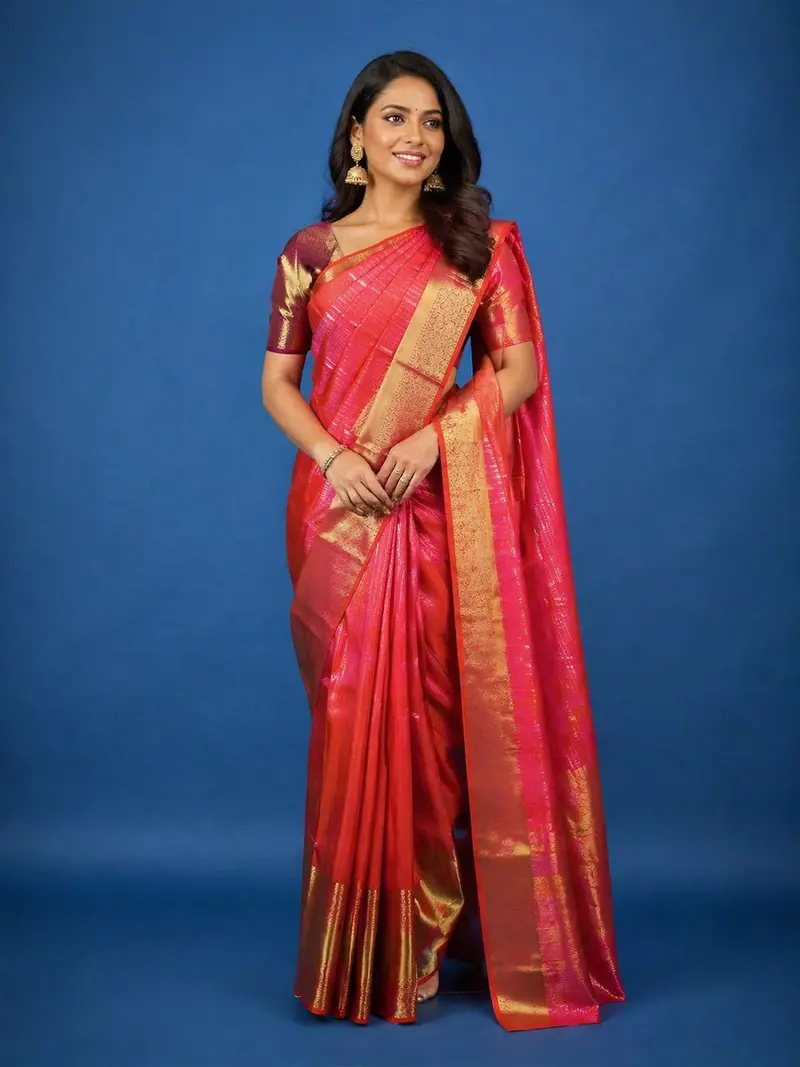 Red And Pink Dual-Tone Floral Stripes Woven Pure Kanchipuram Bridal Silk Saree 1
