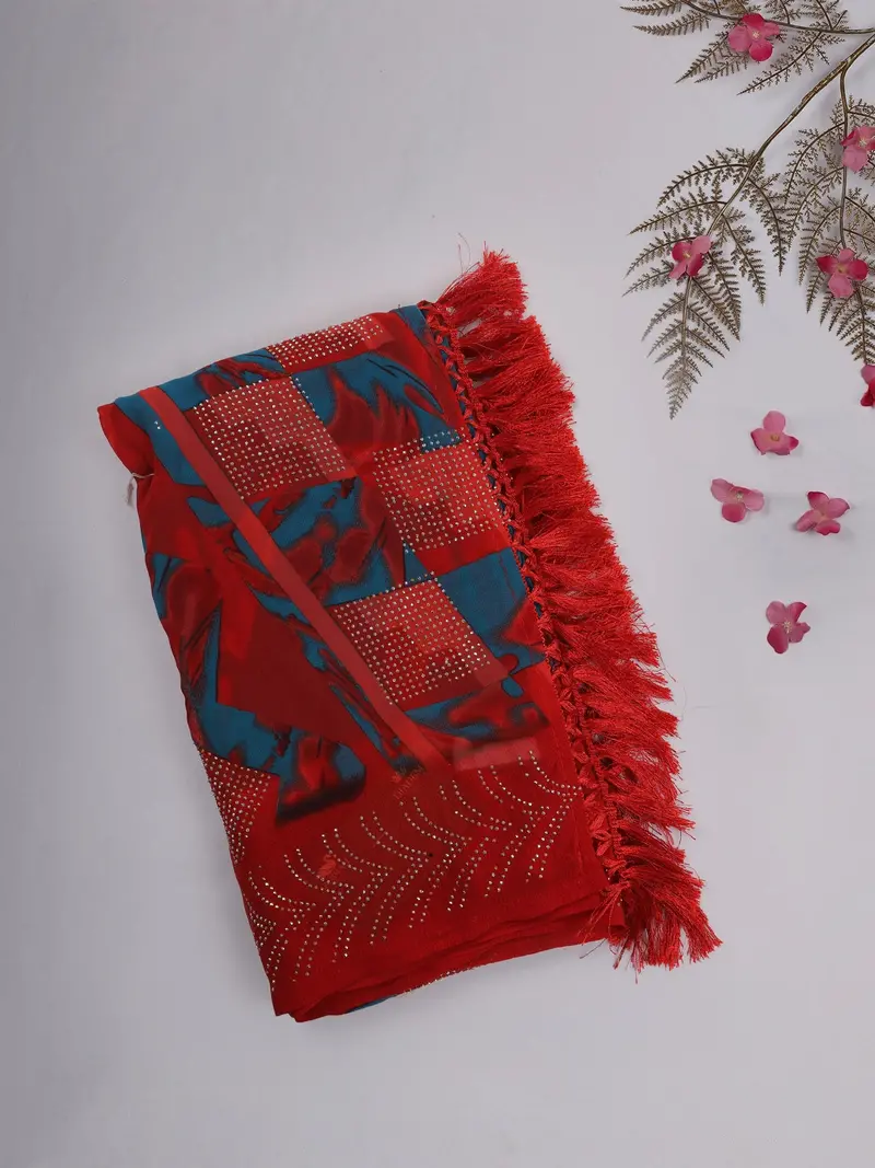 Red And Teal Abstract Printed Chiffon Saree With Stone Embellished Border 1