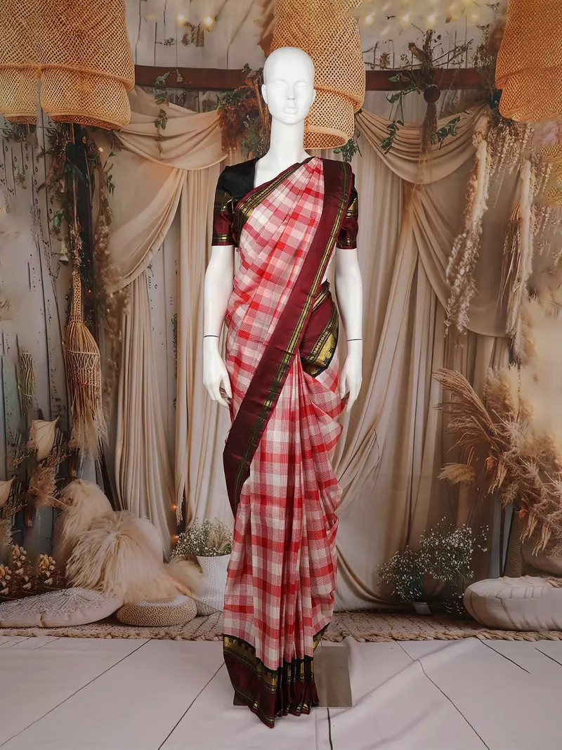 Red And White Checked Design Pure Kanchipuram Silk Saree 1