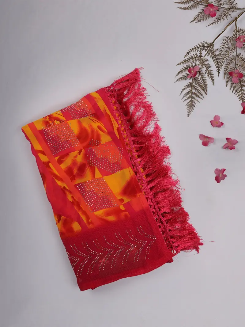 Red And Yellow Abstract Patch Printed Chiffon Saree With Stone Embellished Border 1