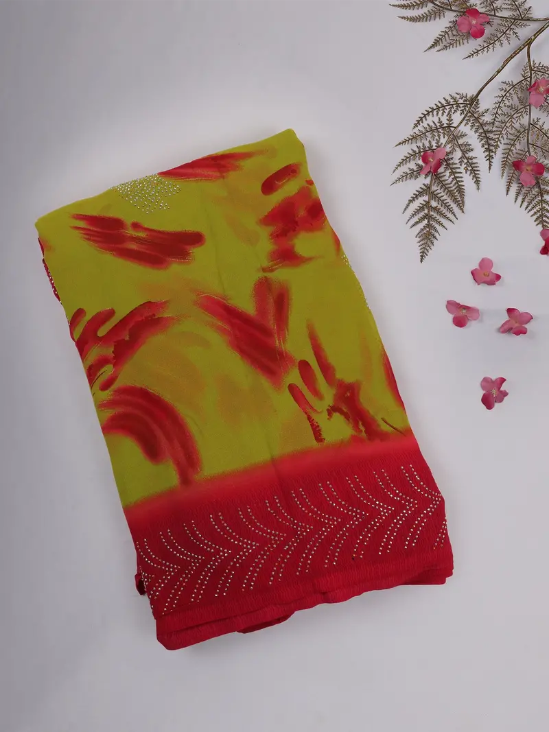 Red And Yellow Abstract Printed Design Chiffon Saree With Stone Embellished Border 1