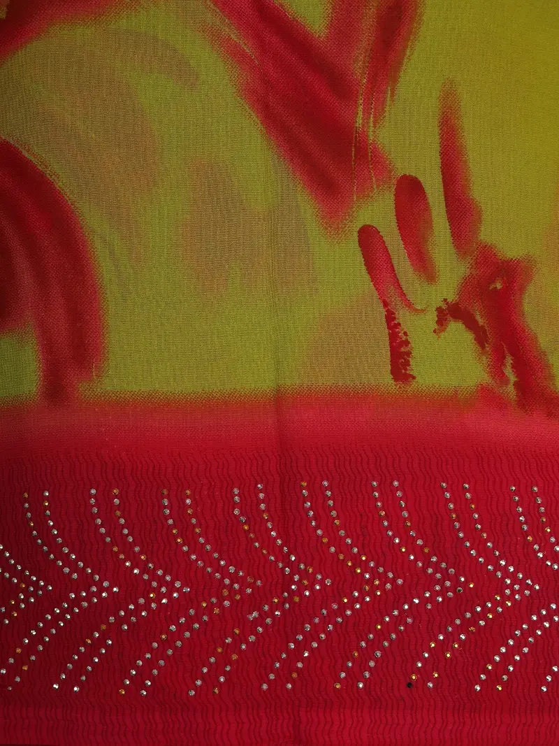 Red And Yellow Abstract Printed Design Chiffon Saree With Stone Embellished Border 2