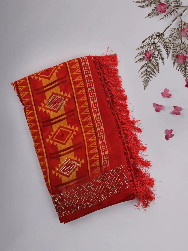 Red And Yellow Geometric Printed Chiffon Saree With Stone Embellished Border 1