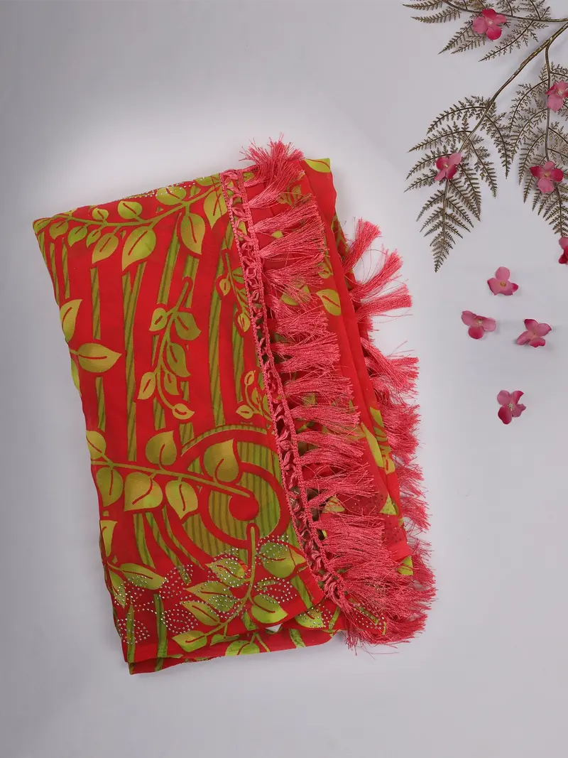Red And Yellow Leaf Printed Design Chiffon Saree With Stone Embellished Border 1