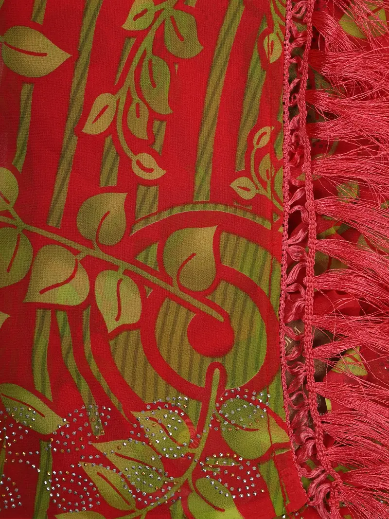Red And Yellow Leaf Printed Design Chiffon Saree With Stone Embellished Border 2