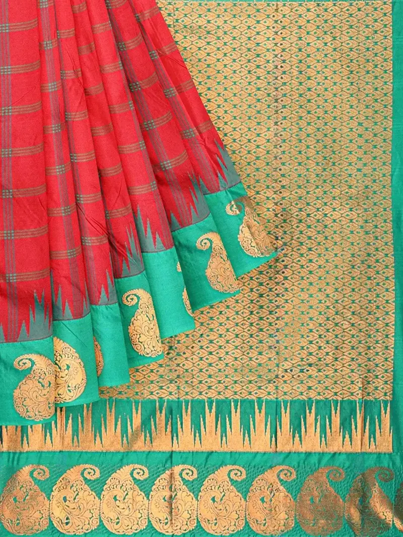 Red Art Silk Saree With Checks Design On The Body And Contrast Zari Border 1