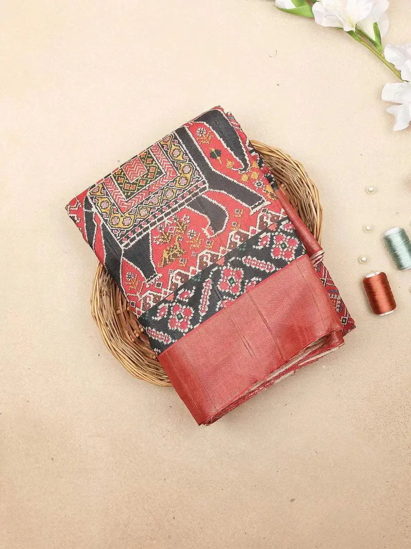 Red Art Silk Saree With Diagonal Checks And Floral Design On The Body With Matching Border 1