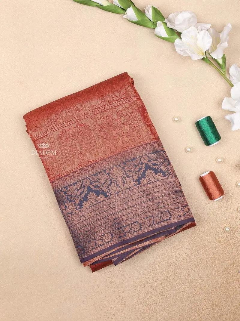 Red Art Silk Saree With Flower And Leaf Designs On The Body With Contrast Border 1