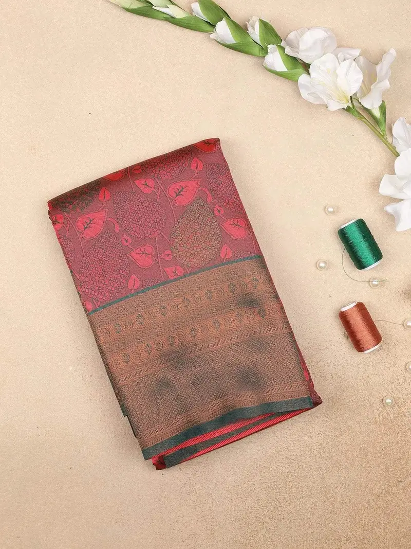 Red Art Silk Saree With Leaf Jacquard On The Body With Contrast Zari Border 1