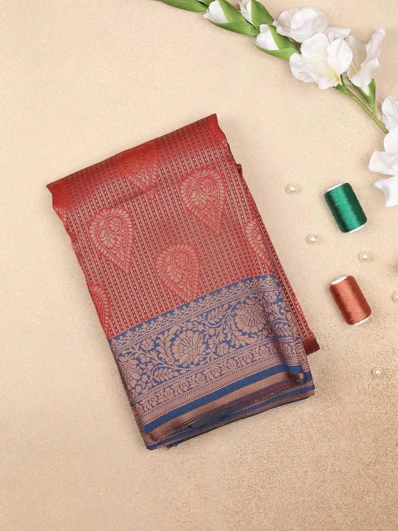 Red Art Silk Saree With Stripes And Water Drop Design On The Body With Contrast Border 1