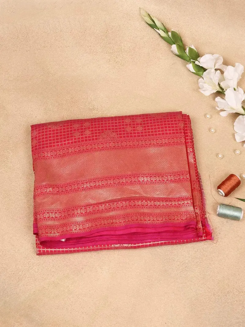 Red Banarasi Saree With Checked And Floral Design On The Body With Zari Border 1