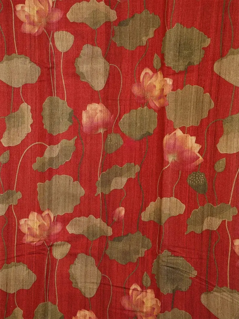 Red Banarasi Saree With Flower Design On The Body And Without Border 2