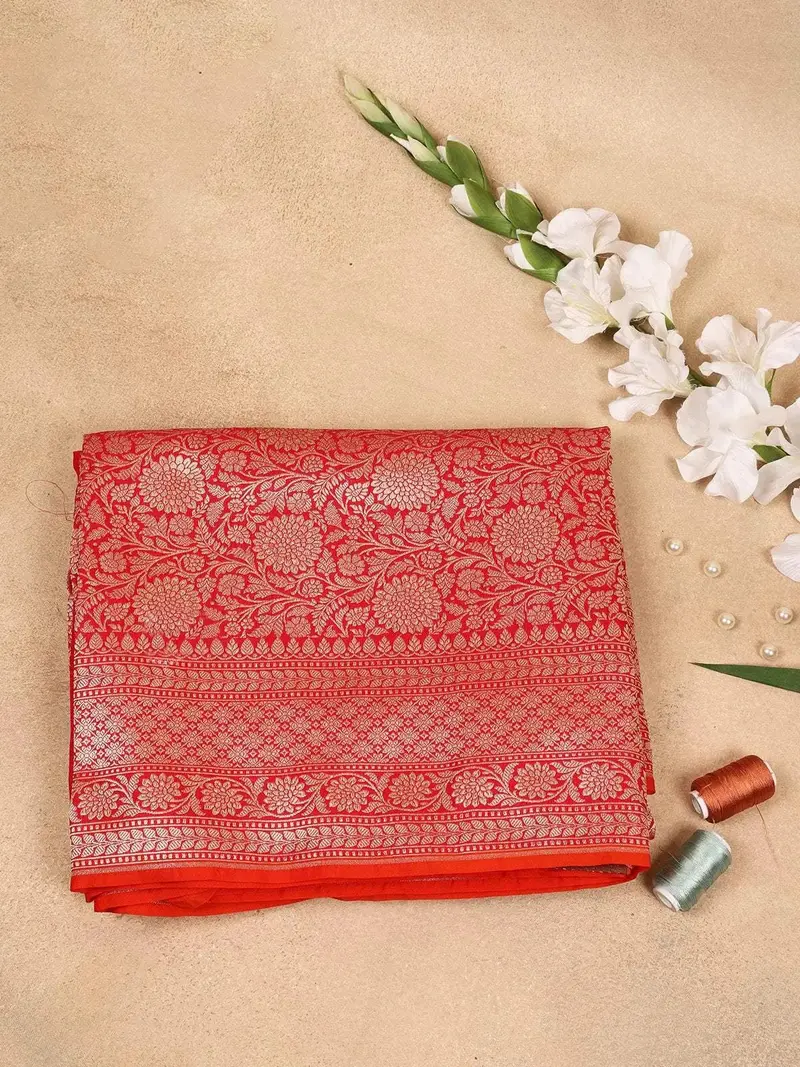 Red Banarasi Saree With Flower Motif On The Body With Zari Border 1