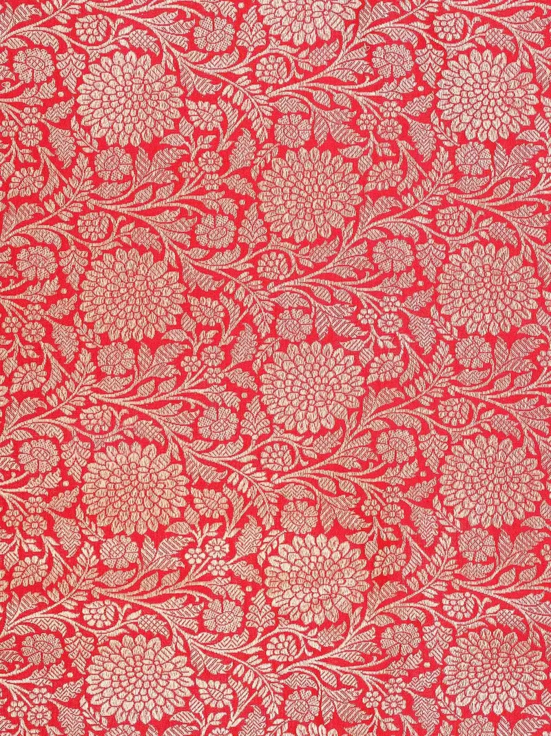 Red Banarasi Saree With Flower Motif On The Body With Zari Border 2