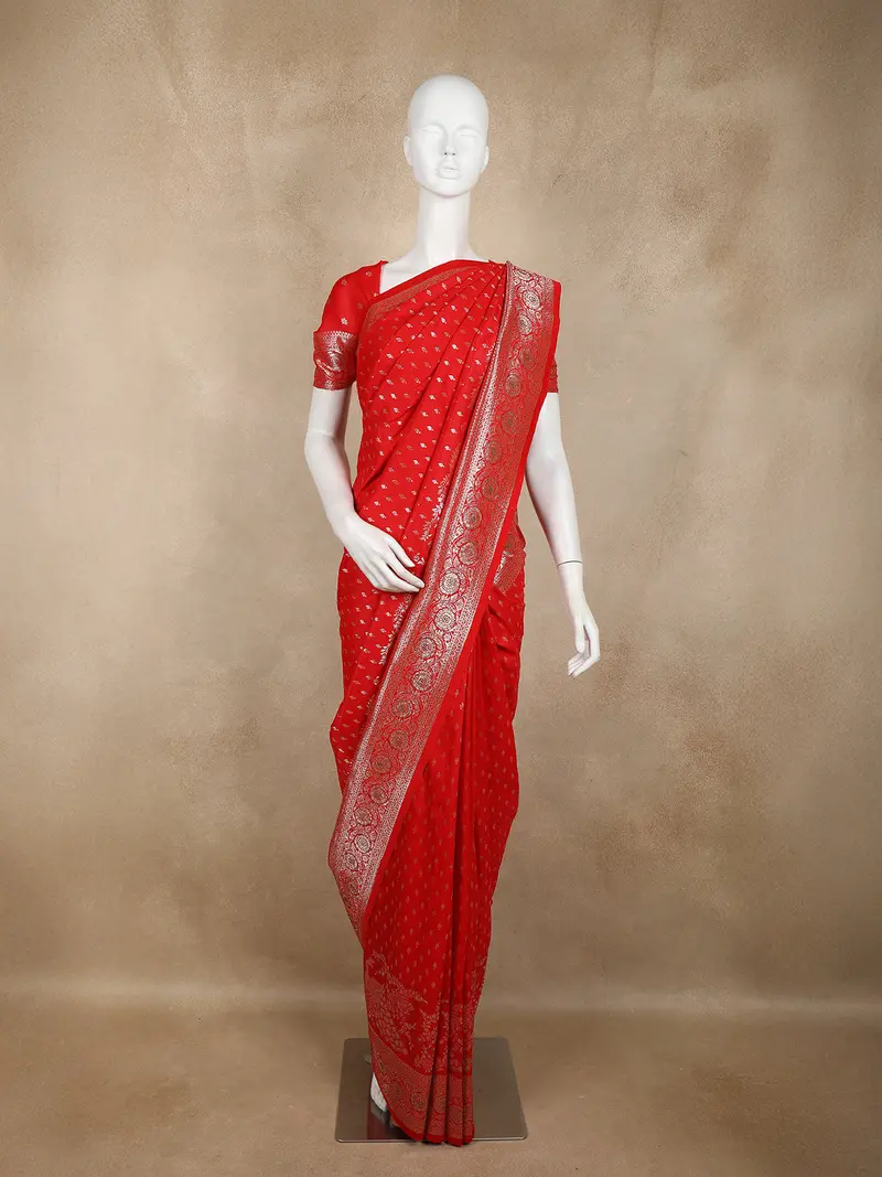 Red Banarasi Saree With Peacock Design And Designer Border 1