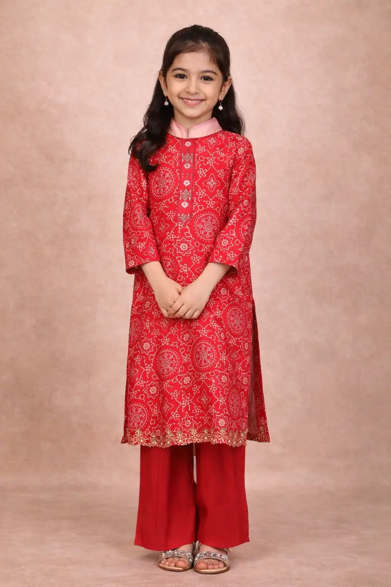 Red Bandhani Printed Cotton Kids Salwar Suit With Dupatta 1