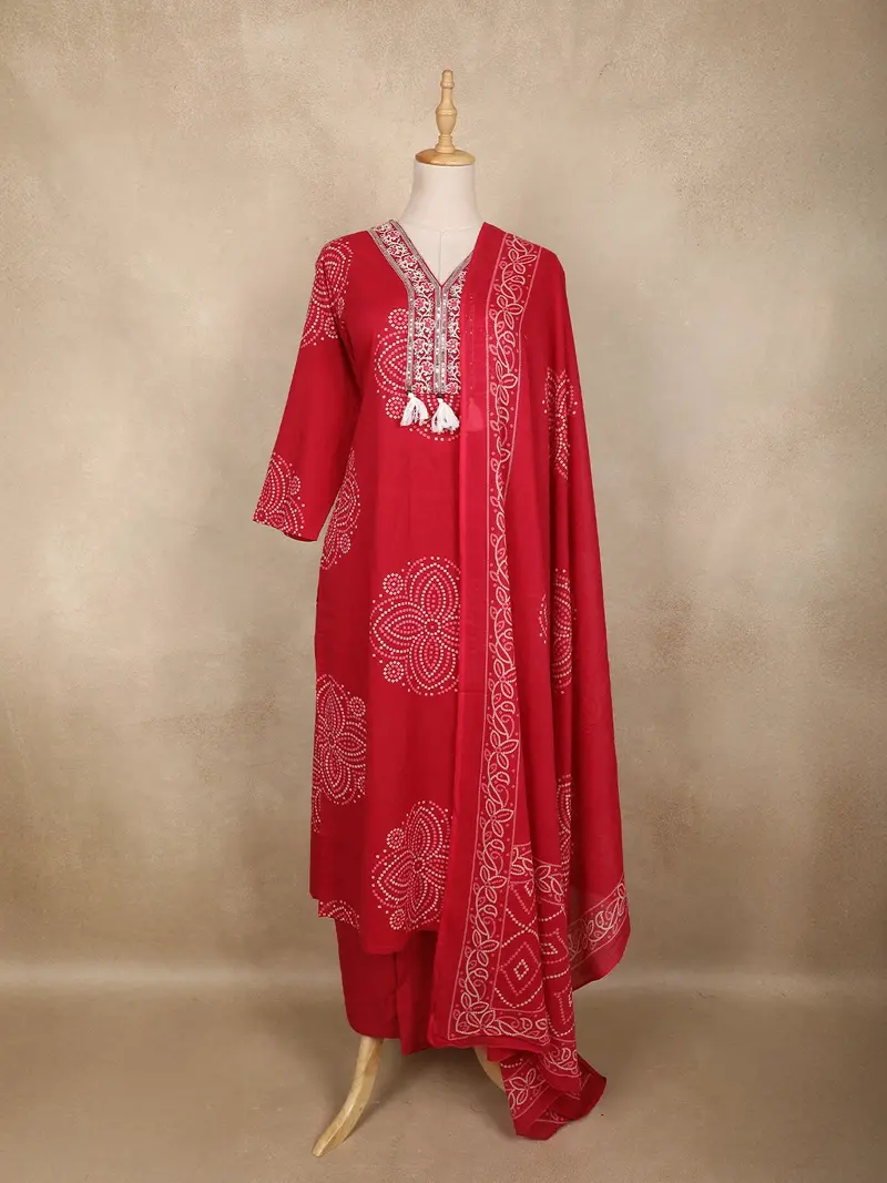 Red Bandhani Printed Cotton Salwar Suit With Dupatta 1