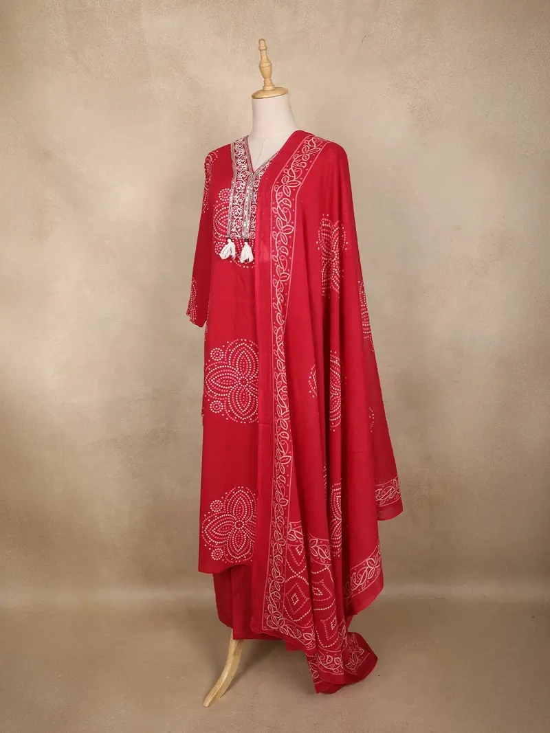 Red Bandhani Printed Cotton Salwar Suit With Dupatta 3