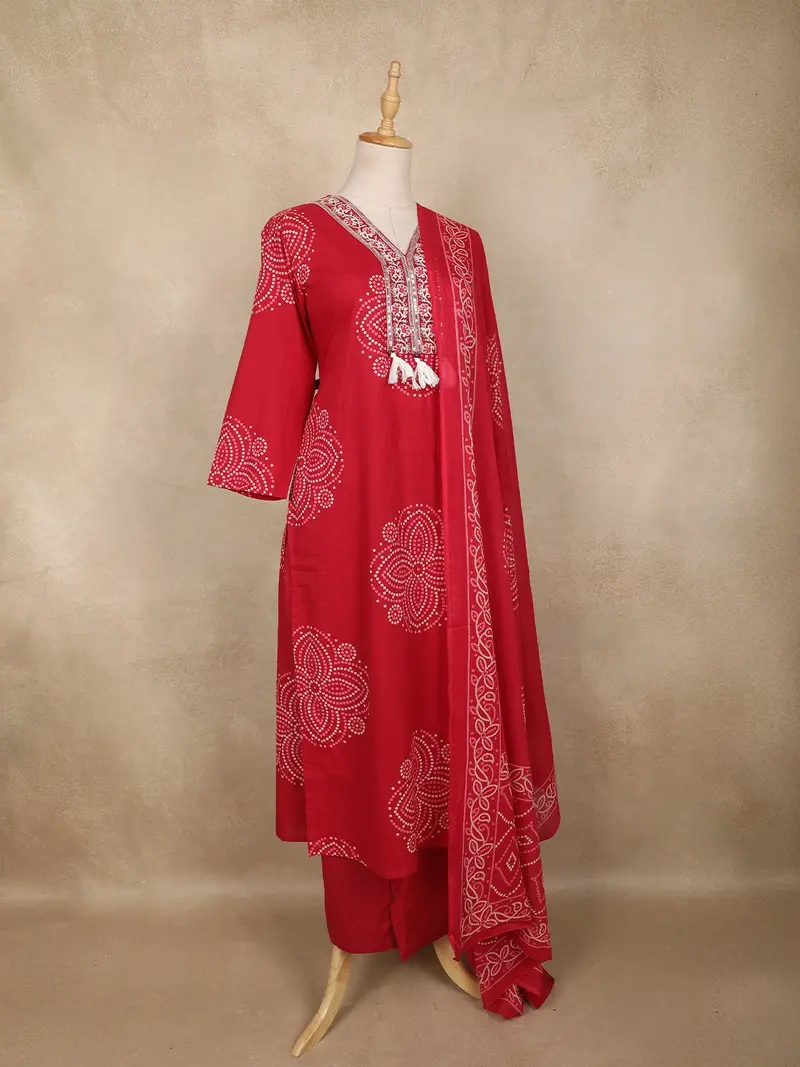 Red Bandhani Printed Cotton Salwar Suit With Dupatta 4