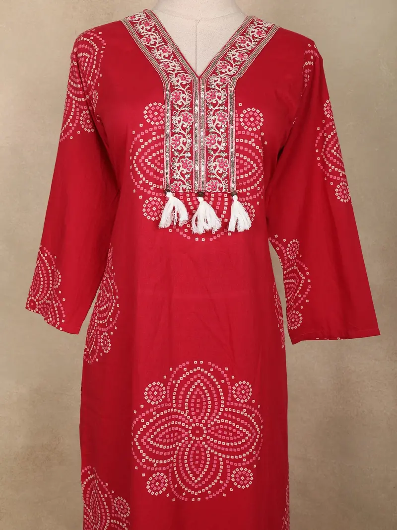 Red Bandhani Printed Cotton Salwar Suit With Dupatta 5