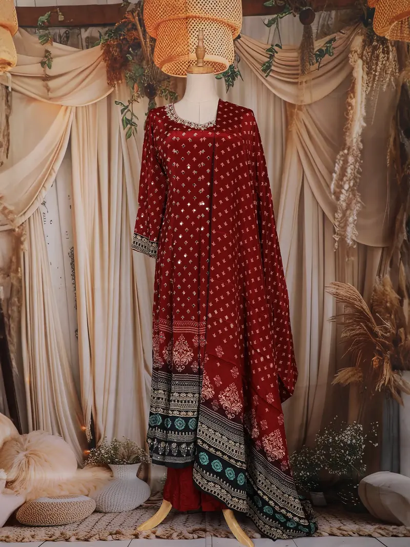 Red Bandhani Printed Design Crepe Palazzo Suit With Dupatta 1
