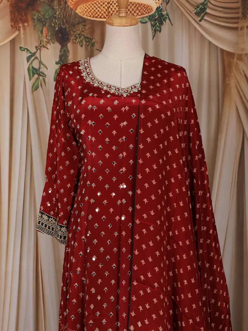 Red Bandhani Printed Design Crepe Palazzo Suit With Dupatta 2