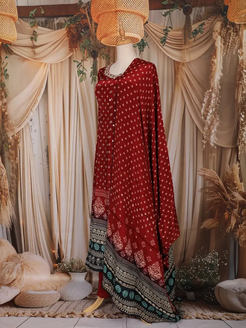 Red Bandhani Printed Design Crepe Palazzo Suit With Dupatta 3