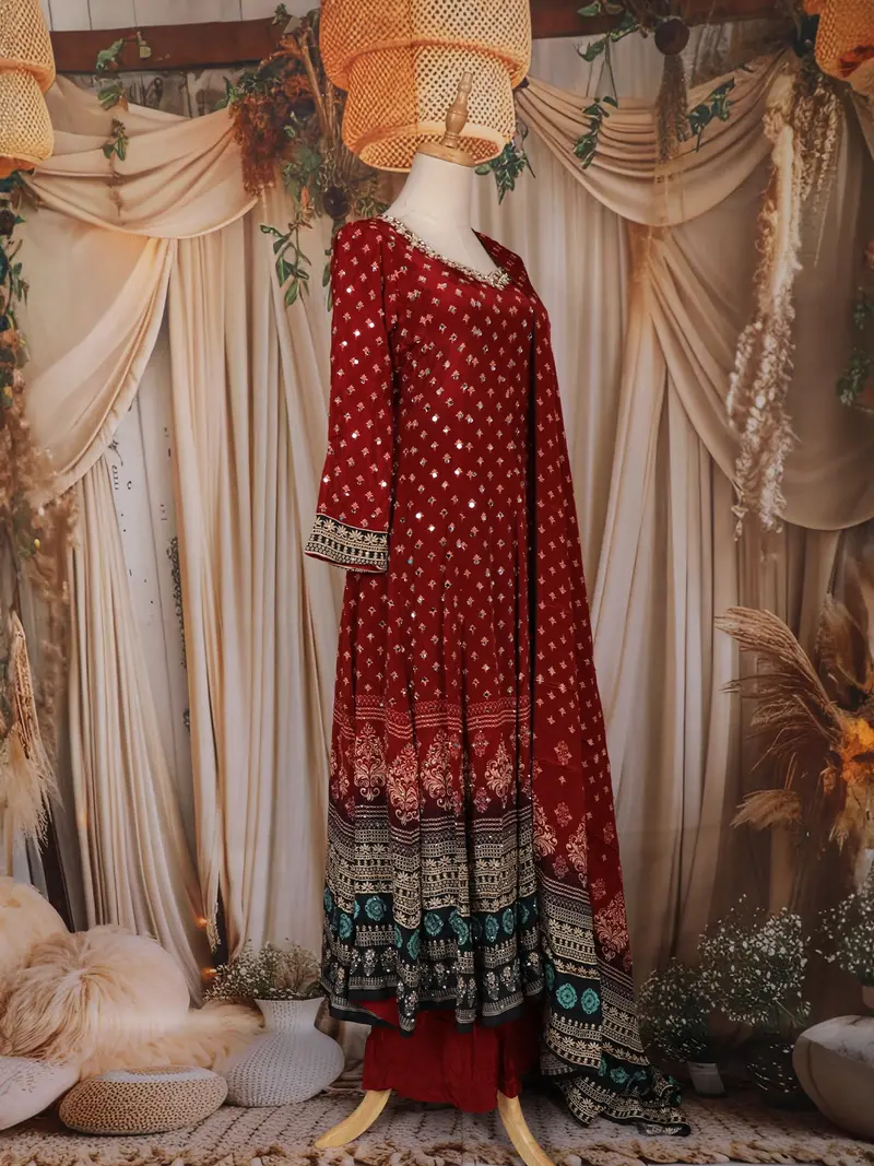 Red Bandhani Printed Design Crepe Palazzo Suit With Dupatta 4