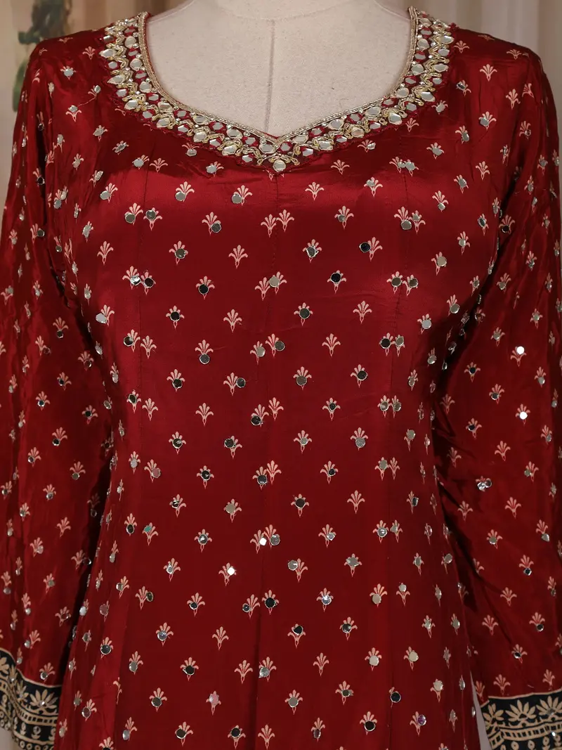 Red Bandhani Printed Design Crepe Palazzo Suit With Dupatta 5