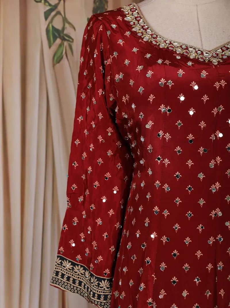 Red Bandhani Printed Design Crepe Palazzo Suit With Dupatta 6
