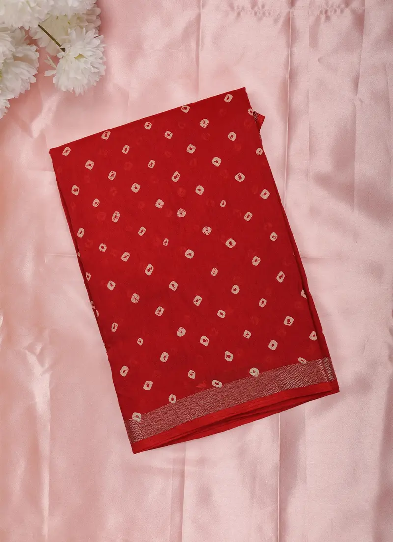Red Bandhani Printed Design Mixed Cotton Saree 1
