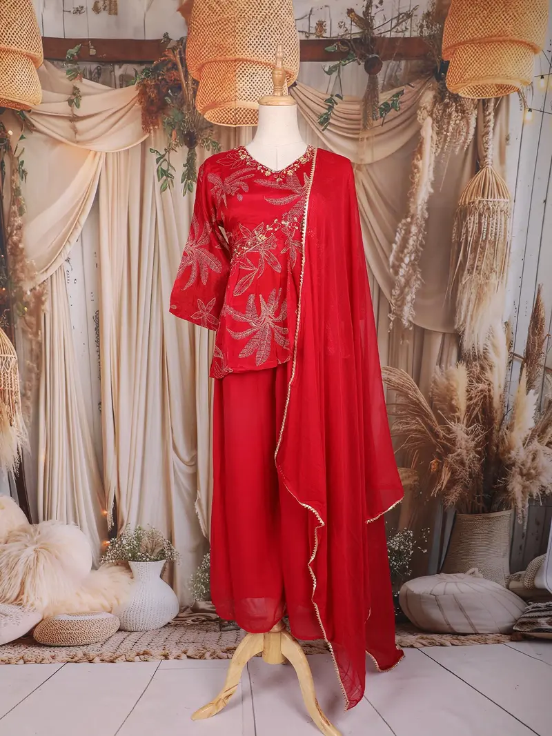 Red Beads Design Peplum Palazzo Suit With Dupatta 1