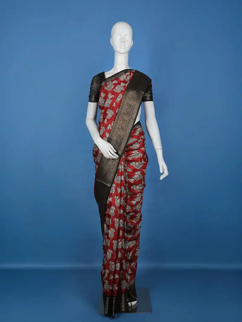 Red Bird Design Tussar Silk Saree 1