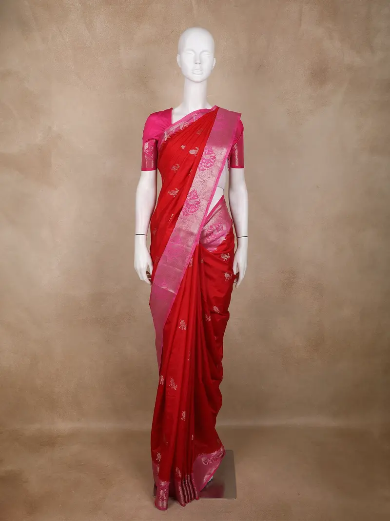 Red Birds Woven Raw Silk Saree With Contrast Pink Zari Border 1