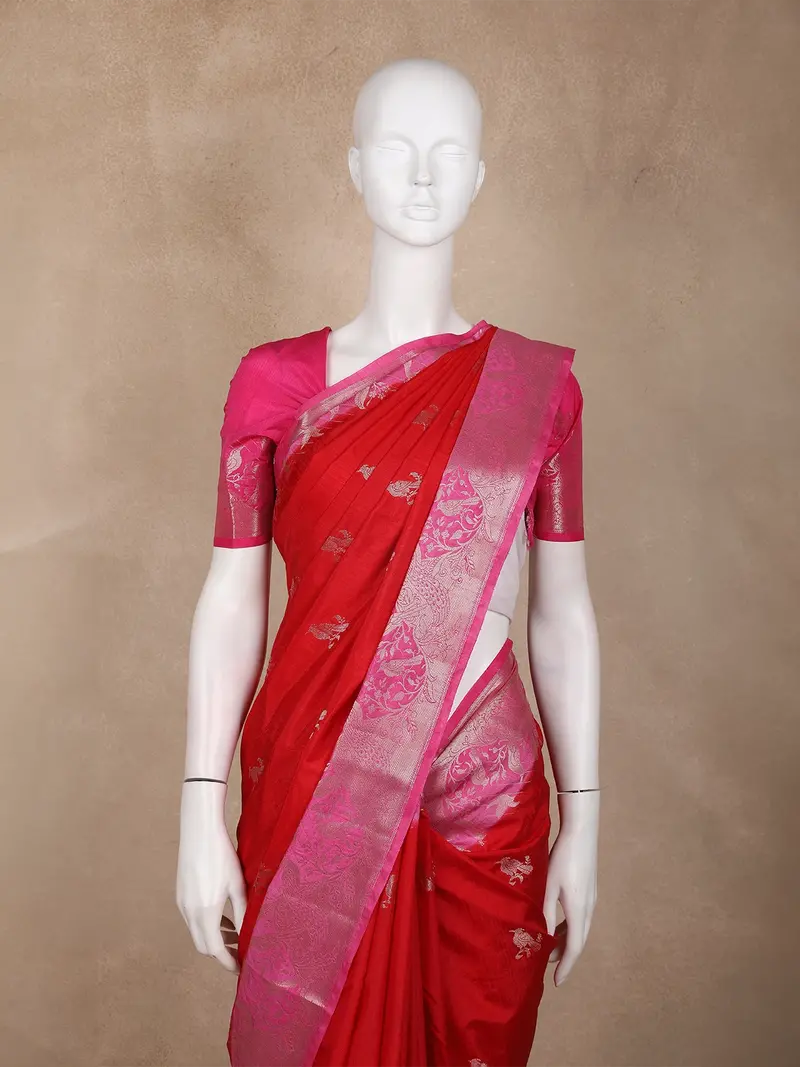 Red Birds Woven Raw Silk Saree With Contrast Pink Zari Border 2