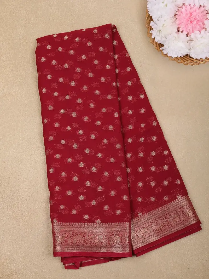 Red Butta Design Chiffon Saree 1