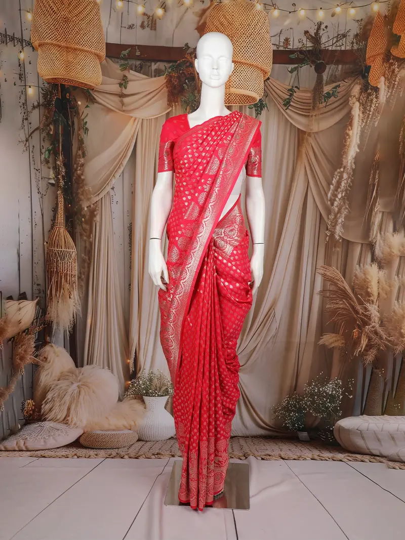 Red Butta Design Semi Banarasi Saree 1