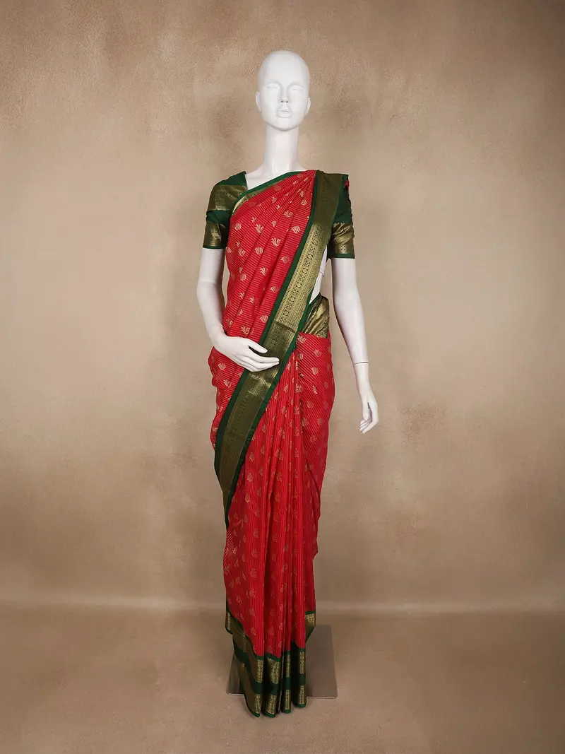 Red Butta Woven Design Art Silk Fancy Wear Saree With Contrast Border 1
