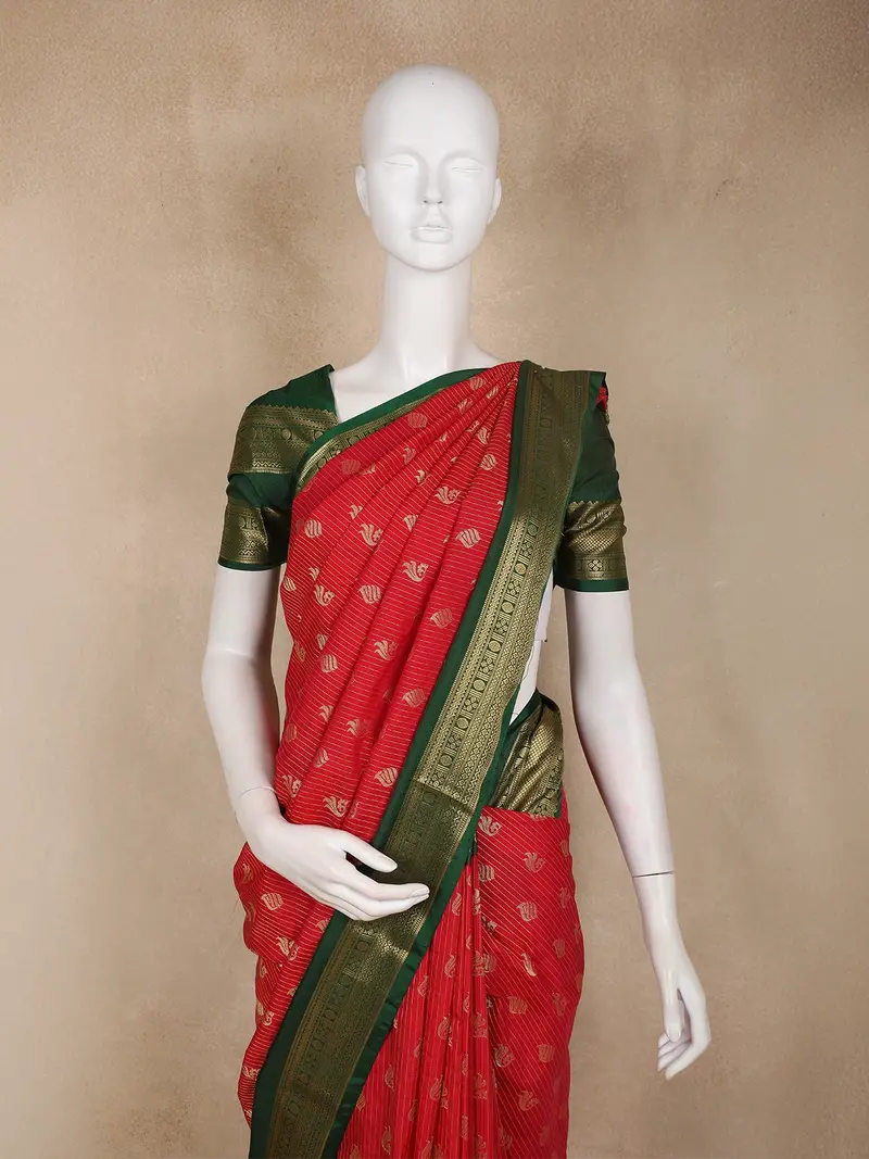 Red Butta Woven Design Art Silk Fancy Wear Saree With Contrast Border 2