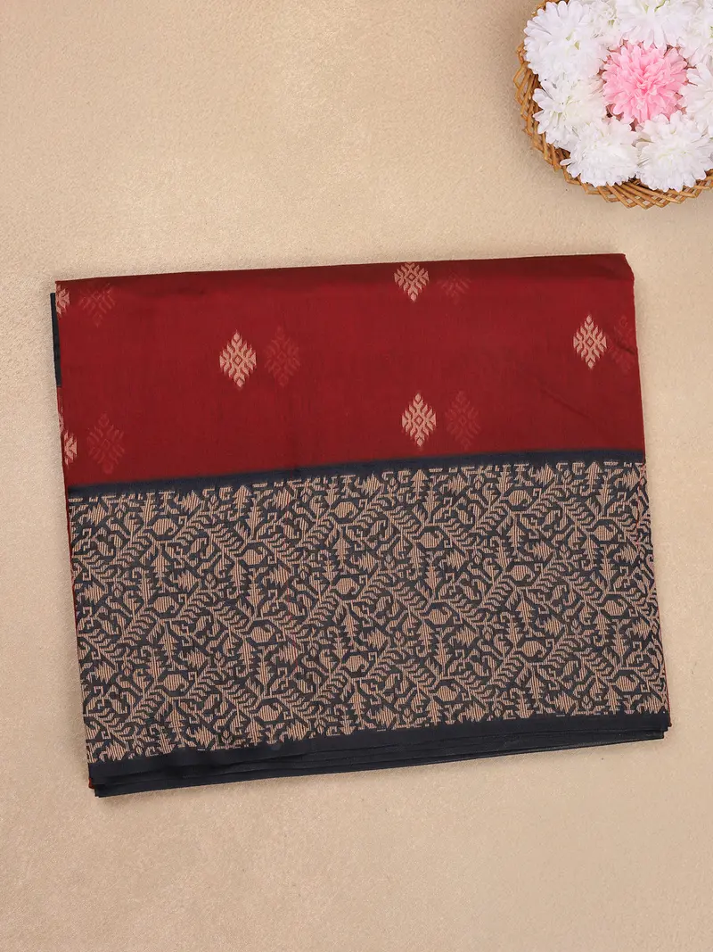 Red Butta Woven Design Cotton Saree With Contrast Border 1
