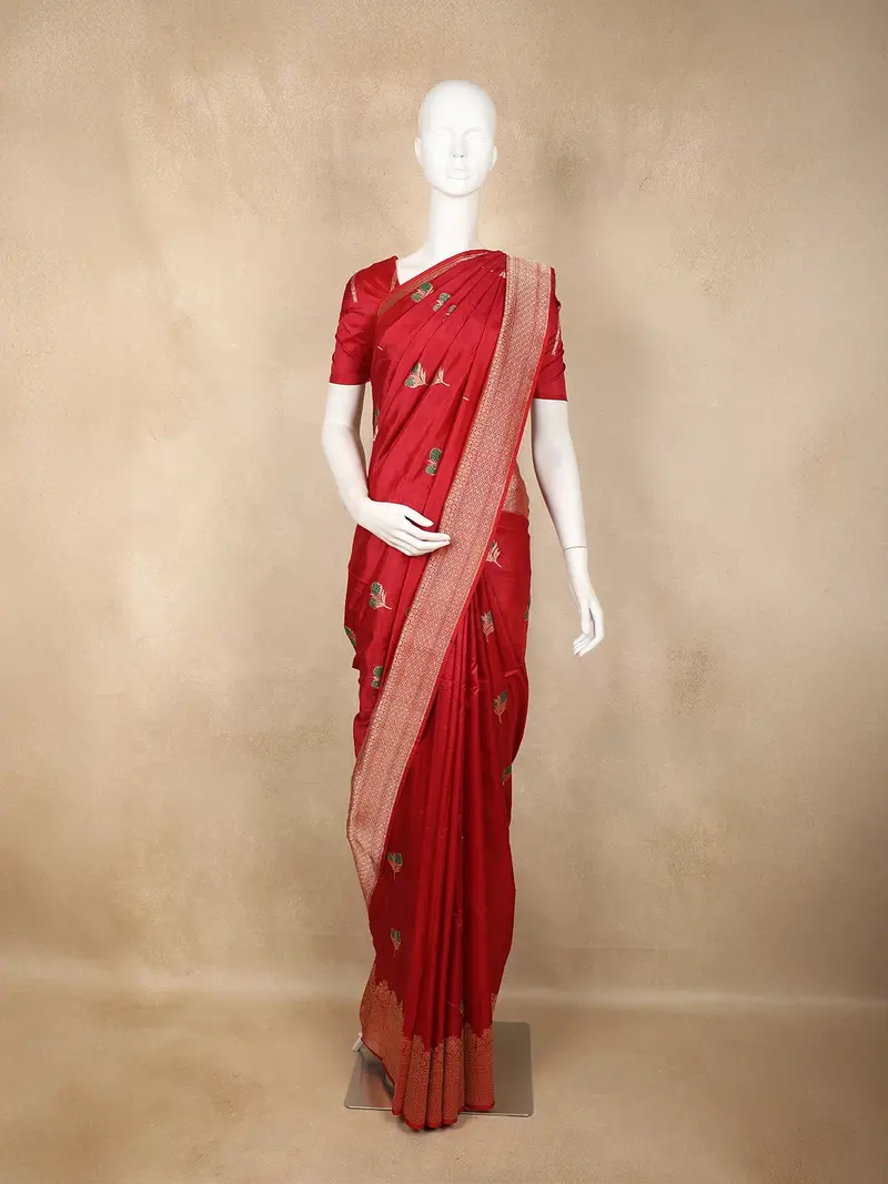 Red Butta Woven Design Pure Banarasi Saree With Contrast Zari Border 1