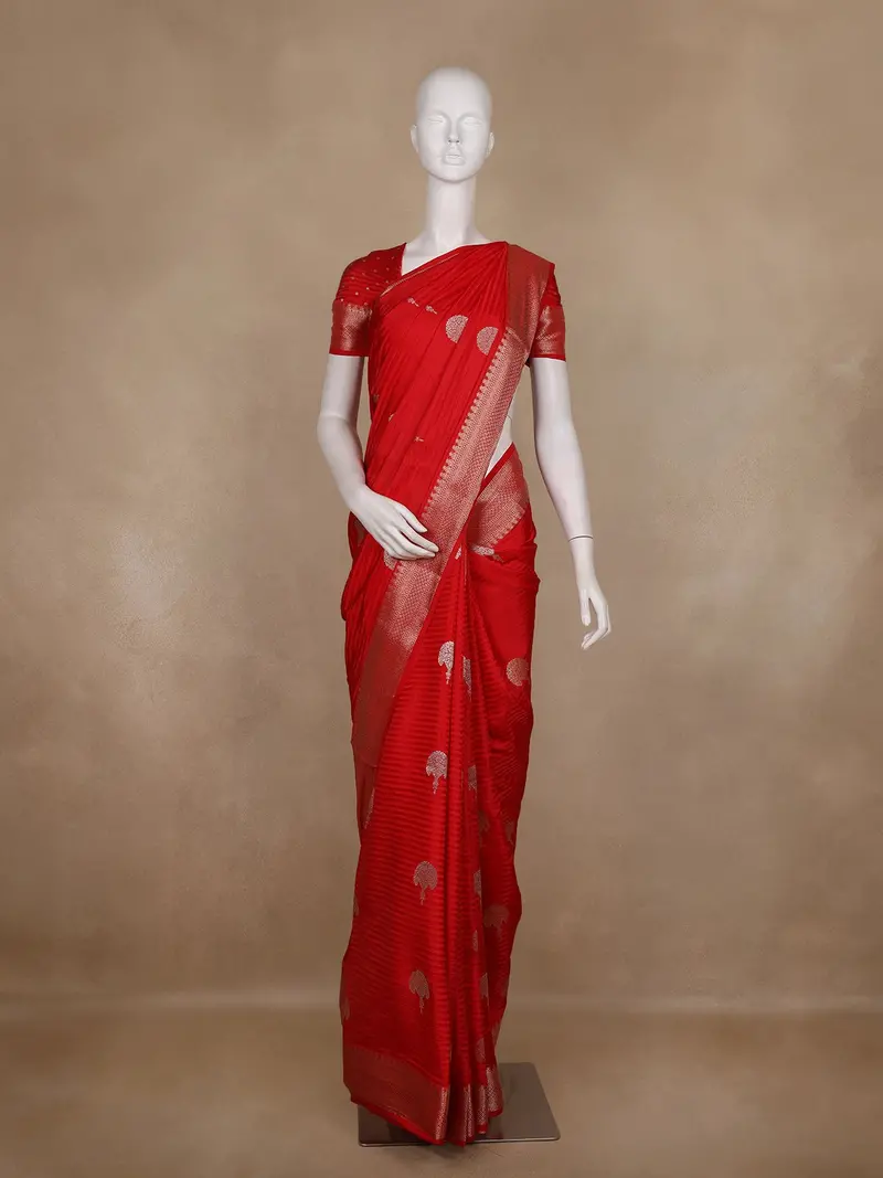 Red Butta Woven Design Semi Banarasi Saree Wit Zari Border 1