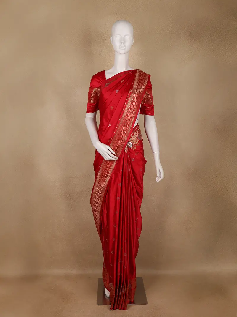 Red Butta Woven Design Semi Banarasi Silk Saree 1