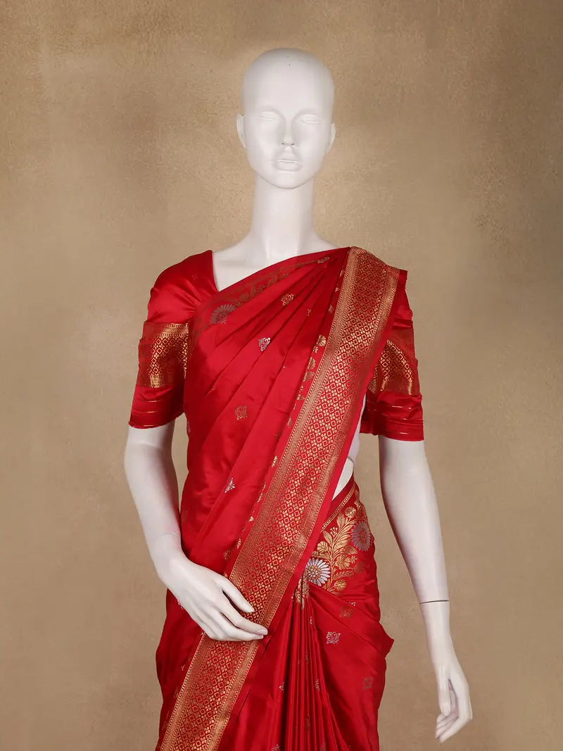 Red Butta Woven Design Semi Banarasi Silk Saree 2