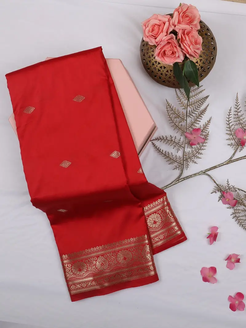 Red Butta Woven Soft Silk Saree With Zari Border 1