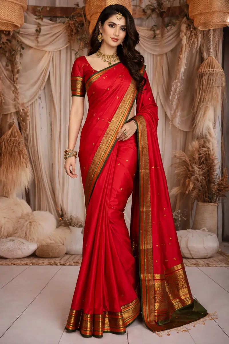 Red Butta Zari Woven Design Pure Kanchipuram Silk Saree With Contrast Double Zari Border 1