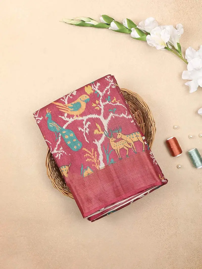 Red Chanderi Silk Saree With Animals Motifs On The Body With Zari Border 1