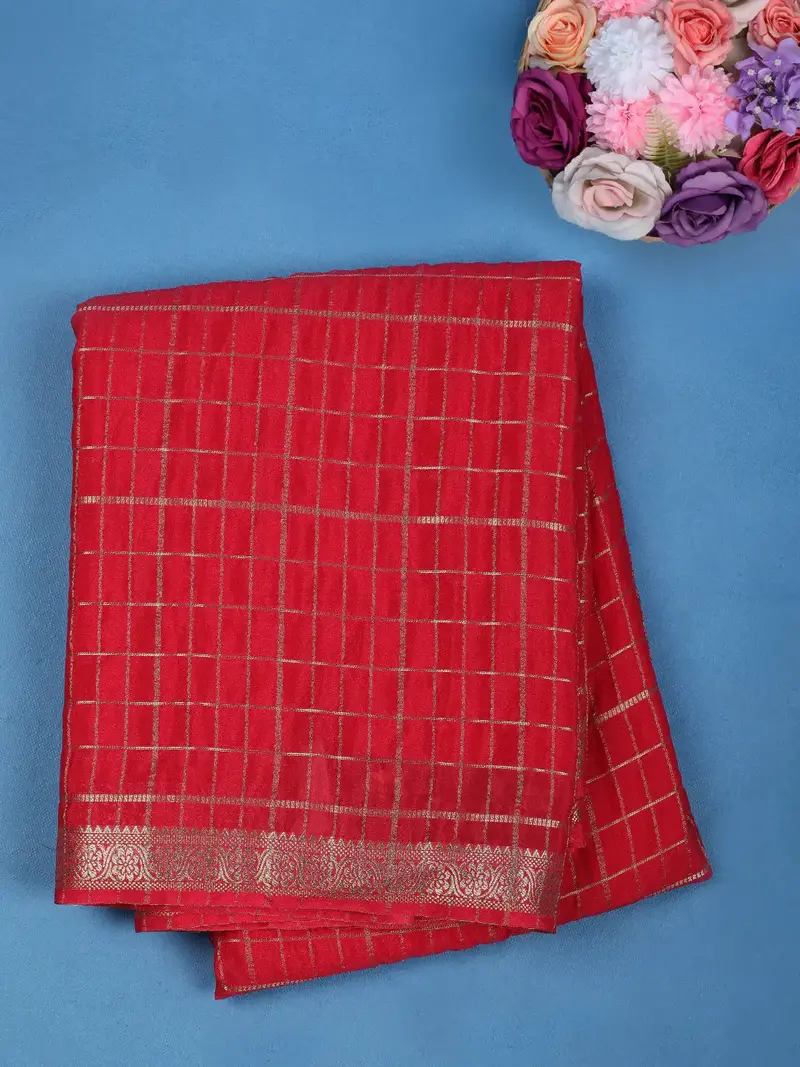 Red Checked Design Mysore Silk Saree 1